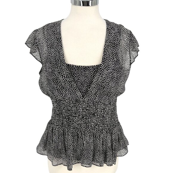 Ann Taylor Black  White Polka Dot Silk Blend Smocked Peplum Top Size 6 - Picture 1 of 13